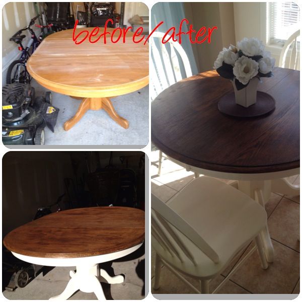 Round oak kitchen table painted and stained. One of my pinterest accomplishments! Only a few hundred more to g… | Diy furniture flip, Home diy, Furniture makeover
